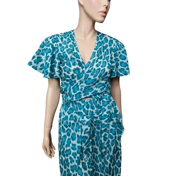 Diane von Furstenberg Green Animal Print Set of Wrap Top and Pants Size XS